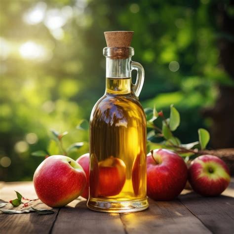 Botella de vinagre de manzana junto a manzanas y una melena brillante