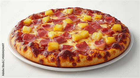 Fotografía de una pizza hawaiana recién horneada con trozos de piña dorada, jamón cocido y queso mozzarella fundido.