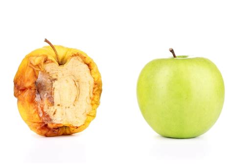 Ilustración de una manzana con una zona podrida y otra sana para visualizar la extensión de la podredumbre.