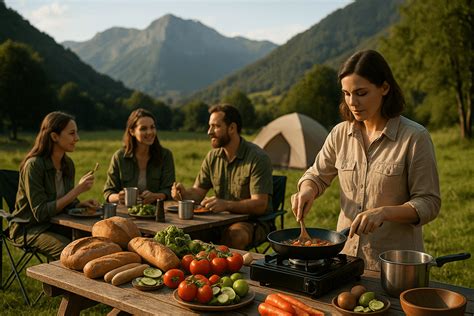 Imagen de un programa de televisión de cocina al aire libre con invitados y parrilla.