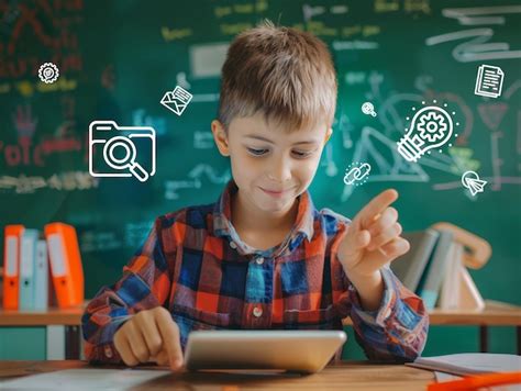 Ilustración de un niño pequeño interactuando con una tablet, moviendo un objeto virtual con el dedo.