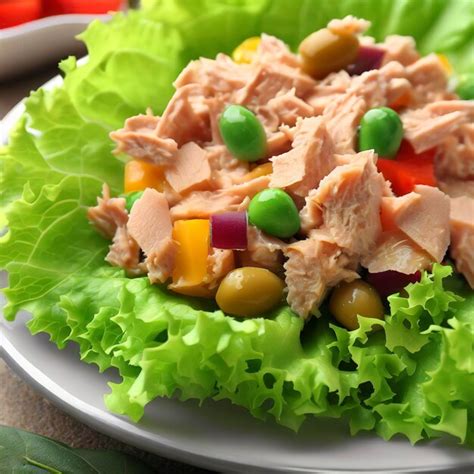 Fotografía de un plato de ensalada de atún claro con verduras frescas.