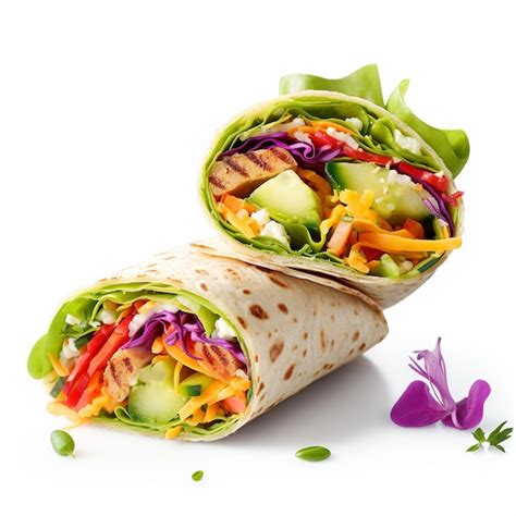 Ilustración de varios wraps vegetarianos coloridos y apetitosos, con diferentes rellenos y aderezos.