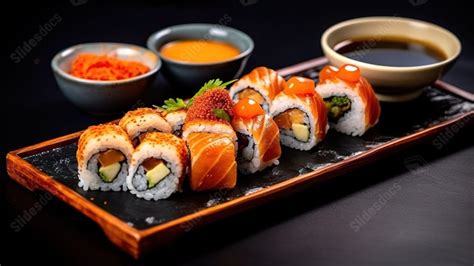 Plato con una selección de rolls de sushi furai y rolls frescos