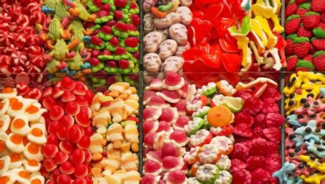 Ilustración de diferentes tipos de gomitas y dulces masticables