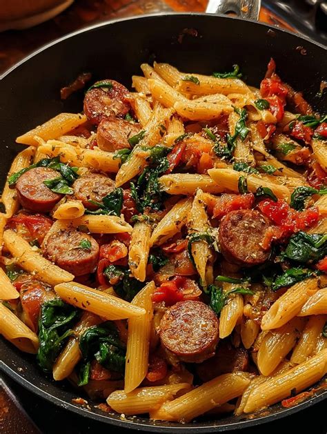 Foto de pasta con salchichas y rúcula recién hecha en un plato