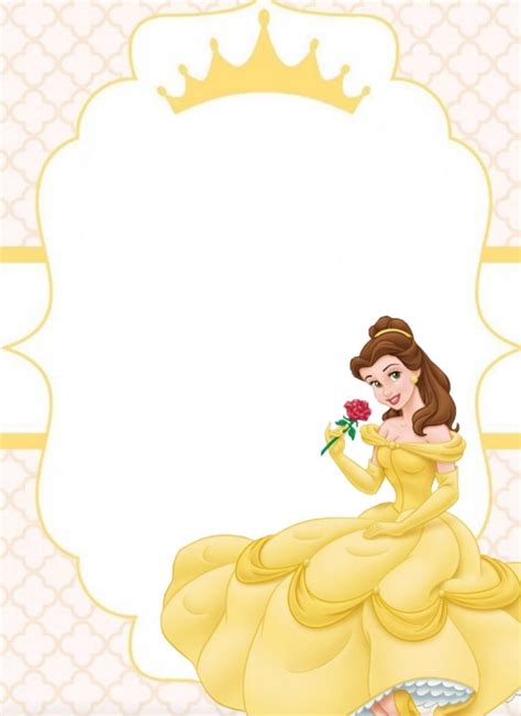 Diseño de invitación digital temática de La Bella y La Bestia, con Bella en vestido azul y un libro