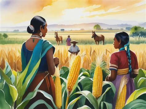 Ilustración de indígenas precolombinos moliendo maíz en un batán