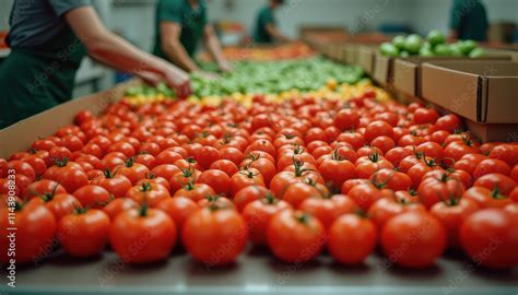 fotografía de tomates siendo clasificados y lavados en una fábrica