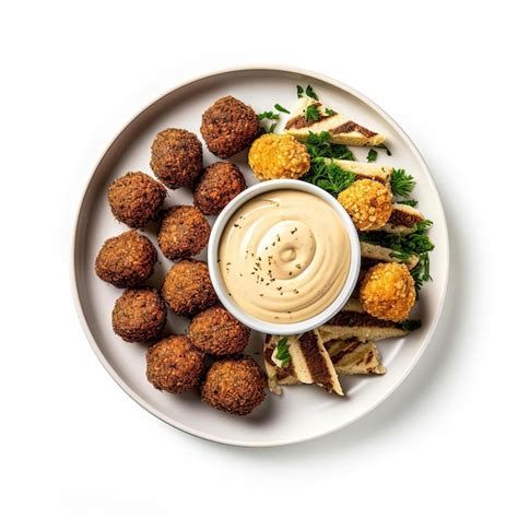 Variedad de croquetas y falafels servidos en un plato, con salsas para acompañar