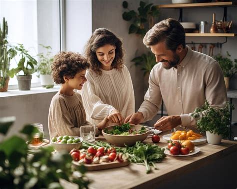 Familia preparando una comida saludable en la cocina, con niños ayudando