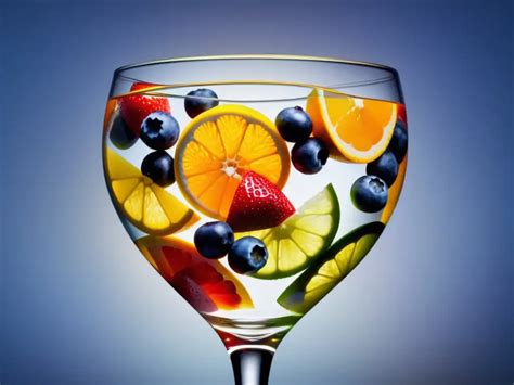 Cóctel vibrante con frutas y adornos, junto a una selección de sushi