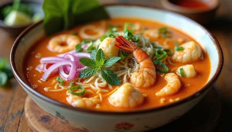Cuenco de sopa laksa con gambas, noodles y cilantro