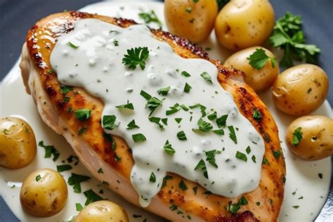 Plato de pechuga de pollo en salsa blanca con guarnición