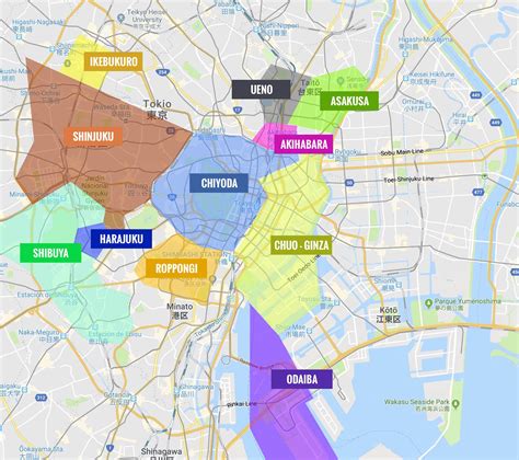 mapa ilustrado de Tokio destacando los barrios mencionados en el libro