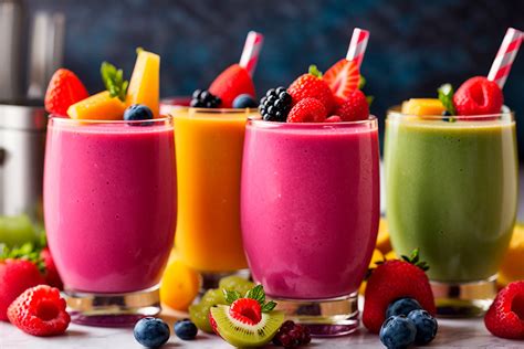 Fotografía de batidos coloridos y espumosos con ingredientes como frutas y especias