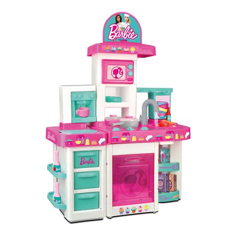 Foto de un set de cocina de Barbie, mostrando una cocina completa con accesorios para cocinar