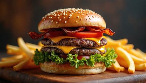 Hamburguesa de cerdo completa con lechuga, tomate, queso y patatas fritas
