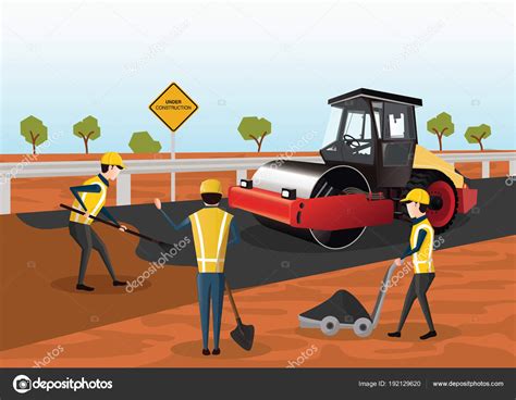 Ilustración de volquetas trabajando en la construcción de carreteras