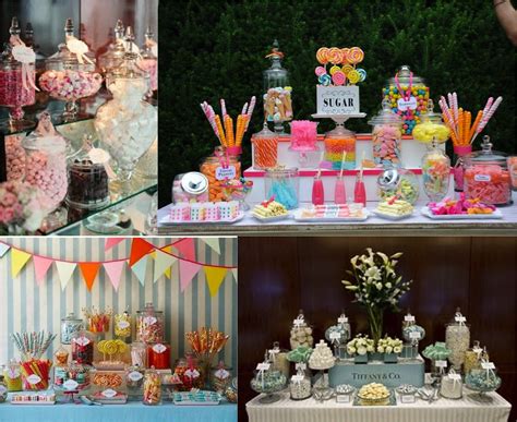 Disposición de una mesa de dulces con recipientes de diferentes alturas