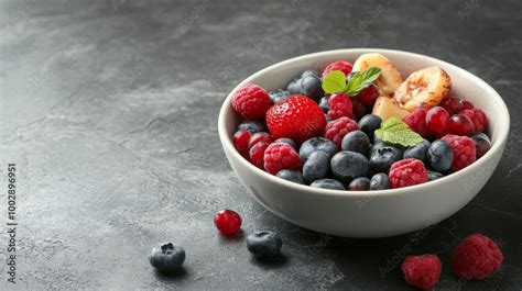 Un bol lleno de frutas frescas variadas (fresas, arándanos, melón, naranja) y nueces sobre una cama de hojas verdes, con un aliño cítrico.