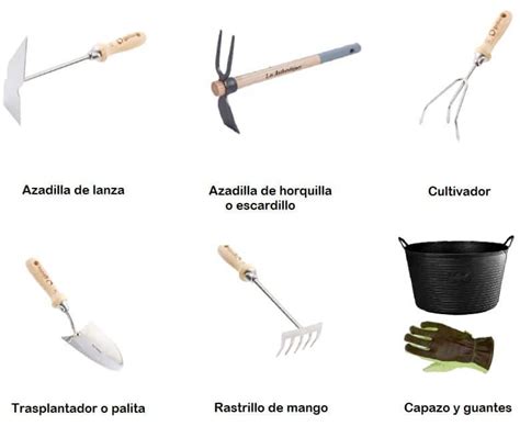 Ilustración de herramientas básicas para huerto urbano: azadilla, palita, rastrillo, guantes.