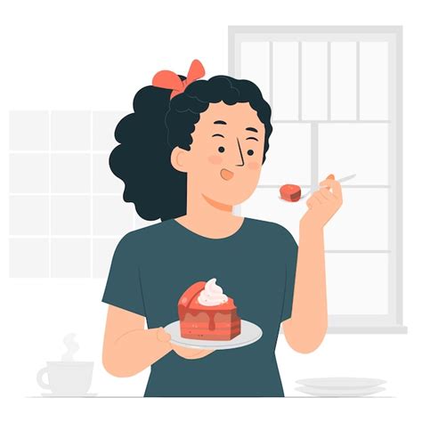 Ilustración de una persona comiendo un postre después de una comida principal, con burbujas de pensamiento mostrando la satisfacción y el hábito