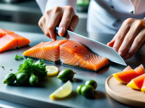 Proceso de corte del salmón en finas láminas para tiradito