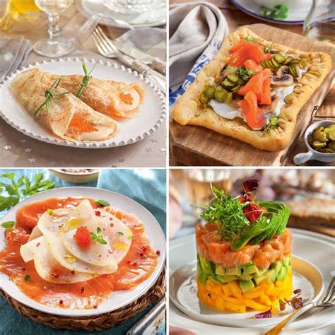 Variedad de platos keto con salmón ahumado, como ensaladas y patés, sobre una mesa.