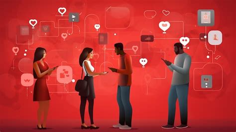 Personas mirando sus teléfonos móviles con iconografía de citas o redes sociales