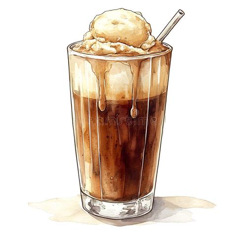 Ilustración de un vaso alto con café helado, adornado con crema chantilly y una galleta.