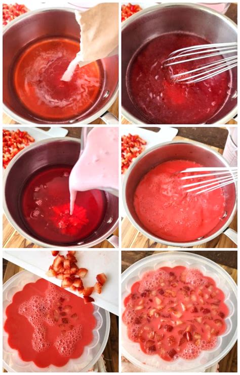 Ilustración o foto del proceso de preparación de la gelatina de fresas en copas