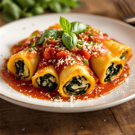 Fotografía de un plato de pasta con ricotta y espinacas