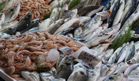 detalle de puestos con mariscos exóticos y pescados en el Mercado de San Juan
