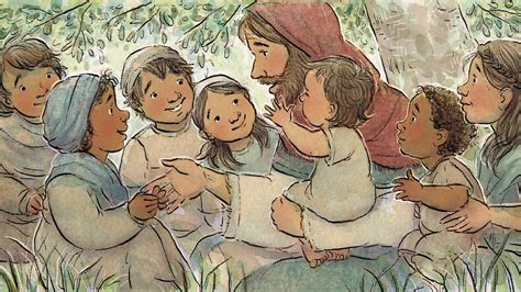 Jesús enseñando y bendiciendo a un grupo de niños