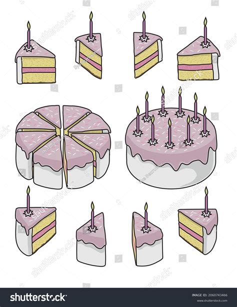 Ilustración de una torta de cumpleaños dividida en porciones, con iconos que representan los ingredientes principales (harina, azúcar, chocolate, mantequilla).