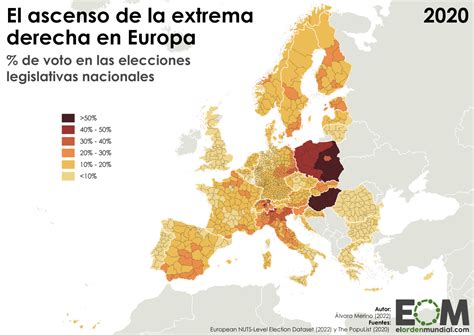 Mapa de Europa destacando países con ascenso de la extrema derecha