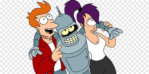 Philip J. Fry junto a Bender y Leela con la nave de Planet Express