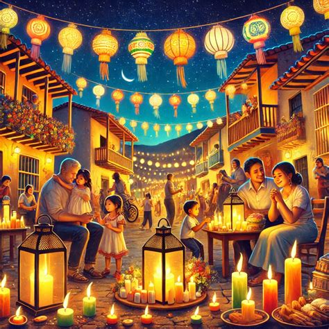 Ilustración de familias colombianas celebrando el Día de las Velitas con velas y comida tradicional