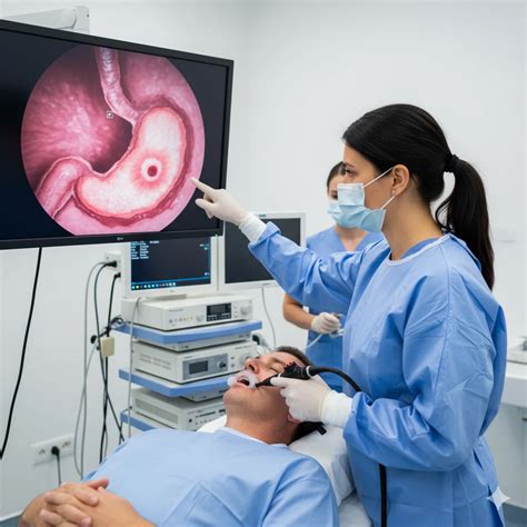 Ilustración: Endoscopia digestiva alta mostrando una úlcera gástrica.