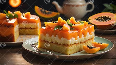 Foto de una tarta de papaya artesanal con acabado brillante y fruta fresca