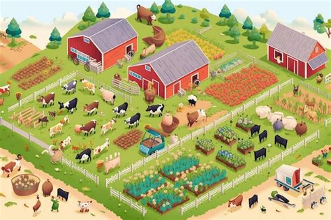 Captura de pantalla de FarmVille mostrando una granja colorida con diversos cultivos y animales