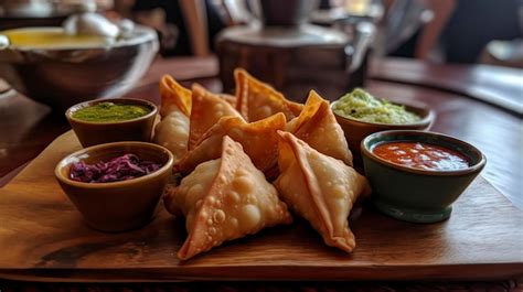 Plato de samosas variadas con diferentes salsas de acompañamiento
