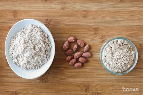 Ilustración del proceso de fabricación de harina de almendra a partir de almendras blanqueadas y molidas.