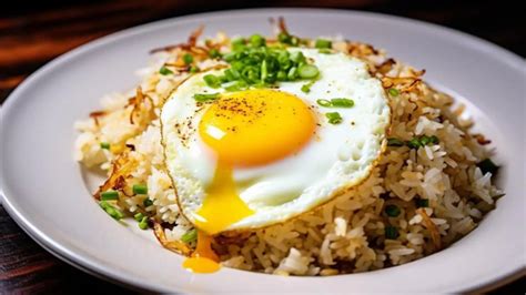 Infografía con los pasos clave para preparar arroz con huevo salteado: cocer arroz, batir y saltear huevos, añadir arroz y salsa de soja, incorporar opcionalmente ajos tiernos.