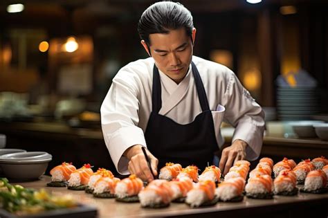 Chef de sushi preparando nigiri con pescado fresco
