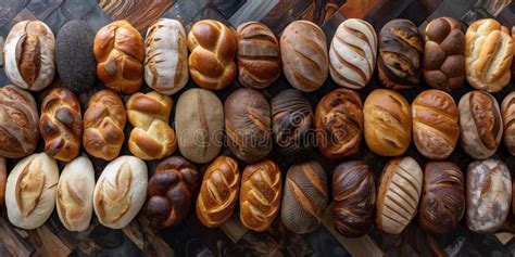 Ilustración de diferentes tipos de panes artesanales, incluyendo un boule, bollos y panes rústicos.