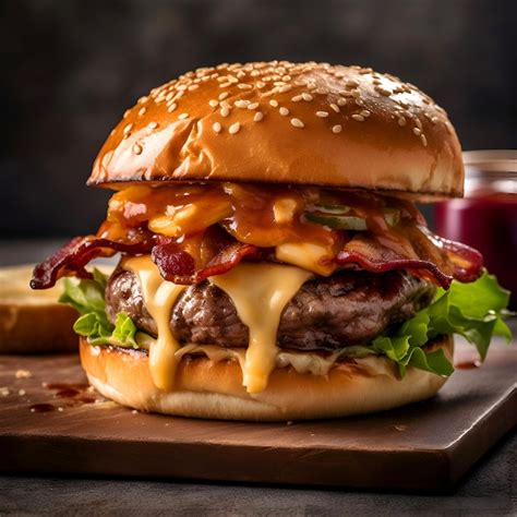 Foto de una hamburguesa gourmet con queso fundido y tocino crujiente