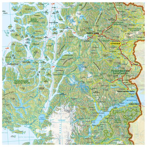 Mapa de la Región de Aysén con rutas marítimas y terrestres