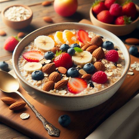 tazón de avena decorado con frutas, frutos secos y semillas